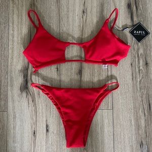 Zaful Red Ribbed Cut Out Bikini